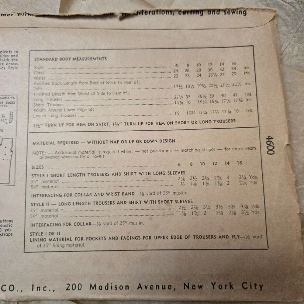 Simplicity 4600 sewing pattern Boys Shirt Trouser Size 6 vintage 40s CUT